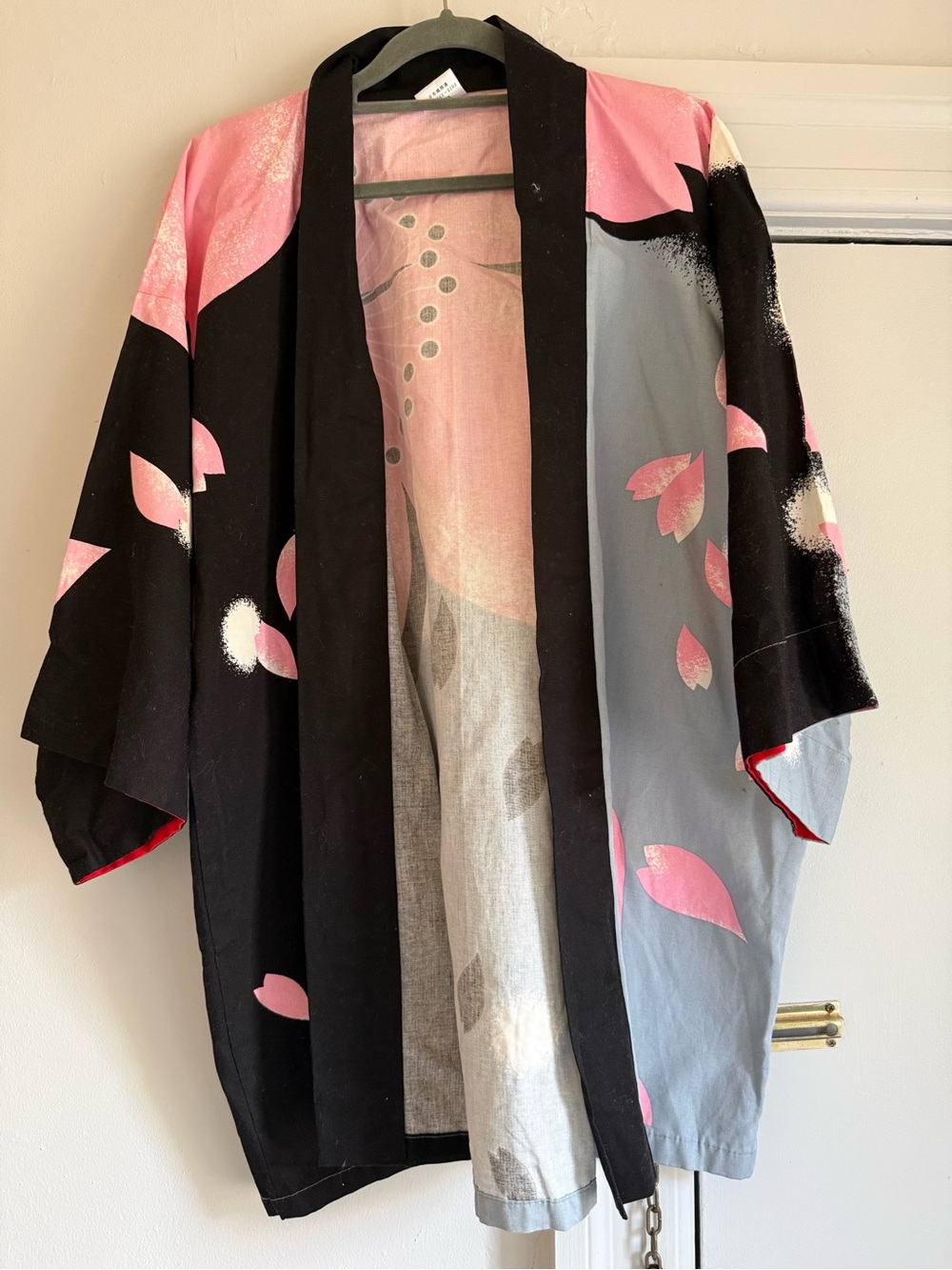 Vintage Pink & Black Floral Kimono Coat
